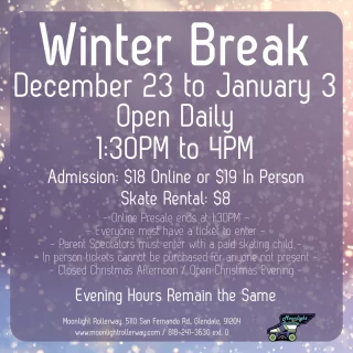 ❄️✨ Skate into the holiday season with us! ✨❄️ 

Join us for some winter break fun December 23 - January 3, from **1:30 PM - 4:00 PM** daily! 🛼☃️ 

🎄 Special Holiday Hours:
- Christmas Eve: Open 1:30 PM - 4:00 PM (Closed at night) 
- Christmas Day: Closed during the day, but we’re skating 8:00 PM - 11:00 PM 🎅✨ 
- New Year’s Eve: Open 1:30 PM - 4:00 PM (Closed at night) 
- New Year’s Day: Open 1:30 PM - 4:00 PM & 8:00 PM - 11:00 PM 🥳🎉 

Bring your friends, family, and festive spirit—let’s make this holiday season unforgettable on wheels! 🎶🎄 

#HolidaySkate #WinterBreakFun #RollWithUs