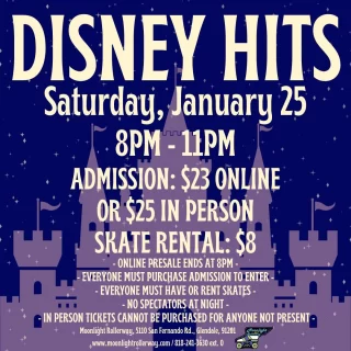 🎶✨ Be Our Guest for Disney Hits Skate Night! ✨🎶 

📅 Date: Saturday, January 25, 2025 
⏰ Time: 8 PM - 11 PM 

Get ready for a magical night of skating to your favorite Disney songs! Whether you’re feeling Frozen, Under the Sea, or ready to Go the Distance, we’ve got all the classics and new hits to keep you rolling with joy! 

👑 Dress as your favorite Disney character or come as you are — just be ready for a night of enchantment and fun! 

✨ Don’t miss this once-upon-a-time skating adventure! See you on the floor! ✨

#DisneySkateNight #RollIntoMagic #SkateAndSing #BeOurGuest  #togetherweroll #rollerskatinglife #whyisk8 #whyiskate #rollerskating #rollerskates #rollerskate #rollerskatingislife #DisneyHitsOnWheels