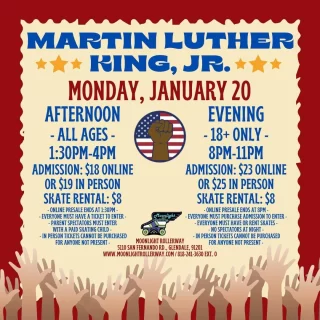 🌟 MLK Day Skate Alert! 🛼 

Join us this **MLK Day** for an afternoon of fun on wheels! Celebrate the legacy of Dr. King while skating with friends and family. 

📅 Date: MLK Day 
🕒 Time: 1:30 PM - 4:00 PM 

Bring your skates, good vibes, and let’s roll into a day of unity and joy. All ages and skill levels welcome! 

🎶 Great music | 🥤 Refreshments | 👫🏽👫🏿👫🏼 Community vibes

Tag your skate crew and spread the word! ✨ 

#MLKDaySkate #RollWithUs #CommunityOnWheels  #togetherweroll #rollerskatinglife #whyisk8 #whyiskate #rollerskating #rollerskates #rollerskate #rollerskatingislife