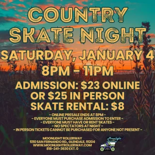 🎶Howdy, skaters!🎶
Mark your calendars for a rootin’ tootin’ good time at Country Music Skate Night on Saturday, January 4, 2025, from 8 to 11 PM!

Get ready to lace up your skates and glide to your favorite country hits. Whether you’re a line-dancing pro or just want to roll along to the music, this is the night for you!

Dust off your cowboy hats, bring your best moves, and join us for an unforgettable night of country fun on wheels!

Yeehaw! See y’all there!
 #togetherweroll #rollerskatinglife #whyisk8 #whyiskate #rollerskating #rollerskates #rollerskate #rollerskatingislife