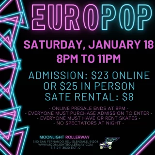 🎶🌍 Get ready to dance, skate, and feel the global groove! 🌍🎶

Join us for Euro-Pop Skate Night on Saturday, January 18, 2025, from 8 PM to 11 PM!

We’ll be spinning the hottest Euro-pop anthems from across the decades. From iconic hits to international chart-toppers, it’s your chance to skate and sing along to infectious beats from across the pond!

💃🕺 Dress to impress and bring your best moves! Let’s make it a night of music, energy, and nonstop fun!

🎧 See you under the disco lights! 🎧
 #togetherweroll #rollerskatinglife #whyisk8 #whyiskate #rollerskating #rollerskates #rollerskate #rollerskatingislife #europop #europopmusic