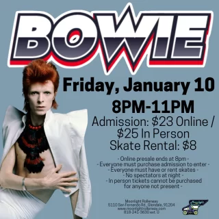 🎤✨ Calling all starmen and rebel rebels! ✨🎤

Join us for an out-of-this-world David Bowie Skate Night on Friday, January 10, 2025, from 8 PM to 11 PM!

Glide through the galaxy as we spin Bowie’s greatest hits all night long. Dress in your most cosmic, glam-rock looks and channel your inner Ziggy Stardust!

Let’s skate under pressure and dance the night away.

🚀 It’s gonna be far out! See you on the floor! 🚀
 #togetherweroll #rollerskatinglife #whyisk8 #whyiskate #rollerskating #rollerskates #rollerskate #rollerskatingislife #bowie #bowieforever #davidbowie