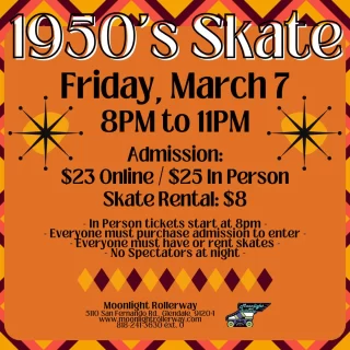 🎉 50's Skate Night | March 7, 2025 🛼
📅 Time: 8 PM - 11 PM
📍 Dust off your saddle shoes and slick back that hair—it’s time to rock around the rink! 🎶 Twist, jive, and skate to classic 50s tunes. Don’t forget your retro outfit!

🕺💃🏾 See you there, Daddy-O!

#50sSkate #ThrowbackNight #RockNRollVibes 🛼🎶 #togetherweroll #rollerskatinglife #whyisk8 #whyiskate #rollerskating #rollerskates #rollerskate