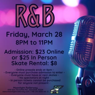 🎶 Old School R&B Night | March 28, 2025 🎤
📅 Time: 8 PM - 11 PM
📍 Groove and skate to smooth beats from legends like Boyz II Men, TLC, and Mary J. Blige 🎧✨.

🎵 Come vibe, skate, and reminisce with the best old-school jams.

#OldSchoolRnBSkate #SmoothRoll #BackInTheDayVibes 🛼🎶 #togetherweroll #rollerskatinglife #whyisk8 #whyiskate #rollerskating #rollerskates #rollerskate