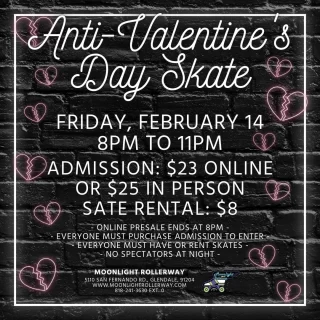 🛼❤️‍🔥 Valentine’s (and Anti-Valentine’s) Skate Night! ❤️‍🔥🛼
Whether you’re feeling the love or ready to dodge Cupid’s arrow, we’ve got you covered! Roll into a night of fun where sweethearts and single souls collide on the rink. From romantic slow jams to fierce breakup anthems, it’s the ultimate Valentine’s mashup.
Lovebirds? Enjoy romantic tunes to skate hand-in-hand.
Anti-Valentine’s? Rock out to empowering breakup beats.
Come solo, with your partner, or roll in with your squad—this night is all about celebrating YOUR vibe. 🛼✨ #LoveOnWheels #AntiValentinesVibes #SkateYourHeartOut #togetherweroll #rollerskatinglife #whyisk8 #whyiskate #rollerskating #rollerskates #rollerskate