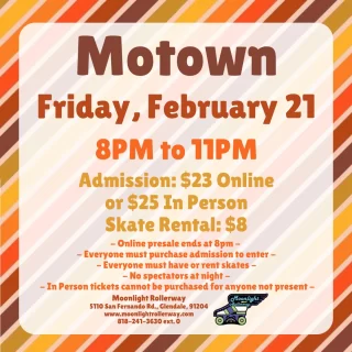 🎵✨ Motown Skate Night Invitation! ✨🎵 

Roll, bounce, and groove to the timeless hits of Motown! Join us for an unforgettable evening of smooth moves, retro vibes, and soulful beats. Whether you're a seasoned skater or just rolling back in, this is your chance to dance on wheels and celebrate the magic of Motown music. 
Bring your friends, your skates, and your best moves – we’ll see you on the rink! 🛼✨ #MotownMagic #SkateTheNightAway #togetherweroll #rollerskatinglife #whyisk8 #whyiskate #rollerskating #rollerskates #rollerskate