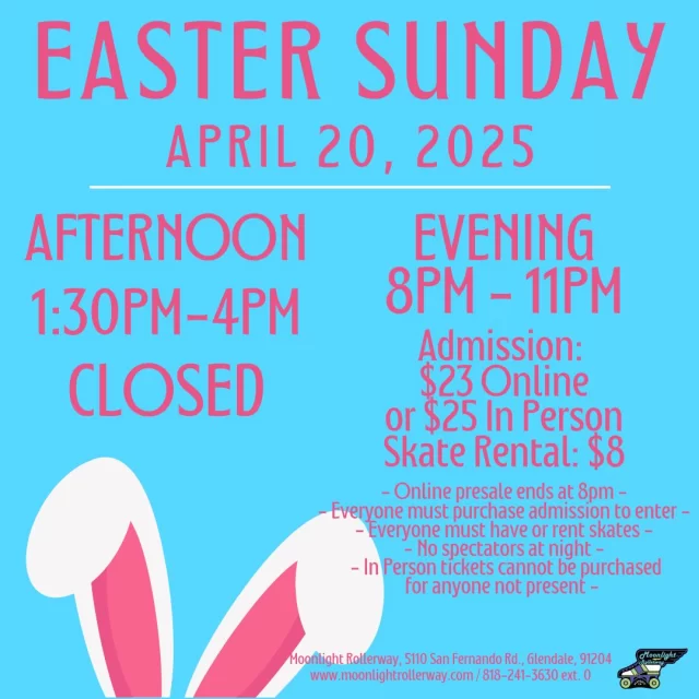 🐰🌸 EASTER HOURS UPDATE 🛼✨

We’ll be CLOSED Easter Sunday afternoon to enjoy time with family & friends. 🥚💖 But don’t worry—we’re OPEN Easter night for some egg-citing skating fun! 🎶🛼 
Hop on over and roll with us! 🐣✨ Tag your skate crew & let’s make it a night to remember! 💃🏽🎶 #EasterSkate #RollIntoSpring #SundaySkateVibes