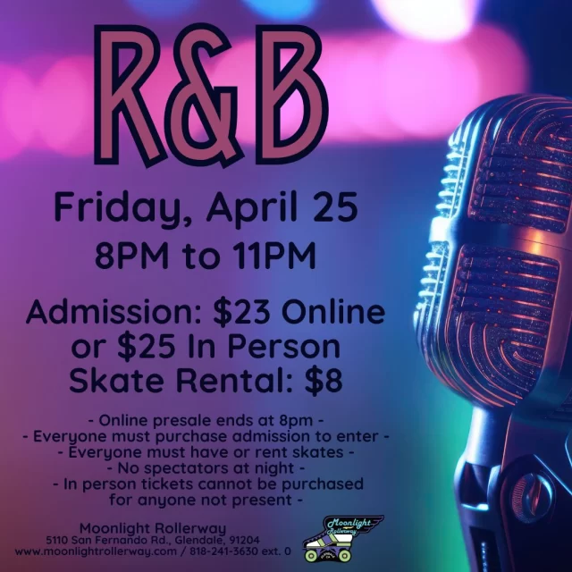 🎶🛼 R&B SKATE NIGHT 🛼🎶
Smooth vibes, silky beats, and skates gliding to the rhythm—this is *THE* night to feel the music and roll with the flow! 💃🏾✨ 
🔥 Skate to the best of Usher, SZA, Boyz II Men, Beyoncé & more! 
💖 Dress to impress—bring those 90s & 2000s R&B vibes! 
Tag your crew and let’s make it a night of good music, good moves, and good vibes! 💫🎤 #RBSkateNight #SkateAndVibe #RollinSmooth #RnBOnWheels
