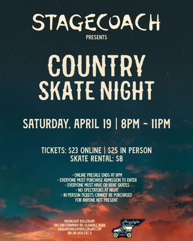 🤠 Country Skate Night 🛼 
Saddle up and roll out for a skate-scootin' good time at Country Skate Night —brought to you in association with @stagecoach ! 🎶✨ 

🎵 Country hits, line-dancing on wheels & good vibes all night long! 

Dust off your cowboy hats, grab your skates, and let’s yee-haw on the rink! 🌟 Tag your skate crew and meet us there! #CountrySkateNight #StageCoach #SkateTheNightAway  #togetherweroll #rollerskatinglife #whyisk8 #whyiskate #rollerskating #rollerskates #rollerskate