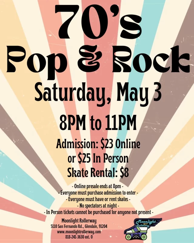 🌟🛼 70’s Pop & Rock Skate Night! 🎸✨ 

Lace up and roll back to the era of big hair, bell bottoms, and legendary tunes! From groovy pop anthems to electrifying rock classics, we’re spinning the best hits of the ‘70s for a night of nonstop nostalgia on wheels. Whether you're channeling your inner rockstar or dancing queen, get ready for feel-good vibes, and a whole lot of epic guitar riffs. So grab your skates, hit the rink, and let’s rock & roll—literally! 🎶🔥🕺