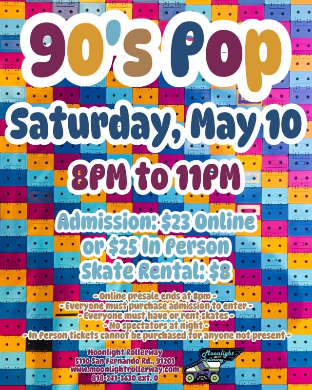 🛼✨ 90’s Pop Skate Night! 🎶💿 

Break out the butterfly clips, baggy jeans, and all the neon—it's time to roll back to the ultimate era of boy bands, girl power, and feel-good jams! From bubblegum pop to R&B grooves, we’re spinning all the ‘90s hits that made you dance like nobody’s watching. Whether you’re skating to the smooth sounds of your favorite divas or belting out every word to that iconic boy band ballad, this night is all about pure nostalgia and nonstop fun. So grab your squad and let’s hit the rink—because **everybody** (yeahhh) is skating now! 🎤💖🔥