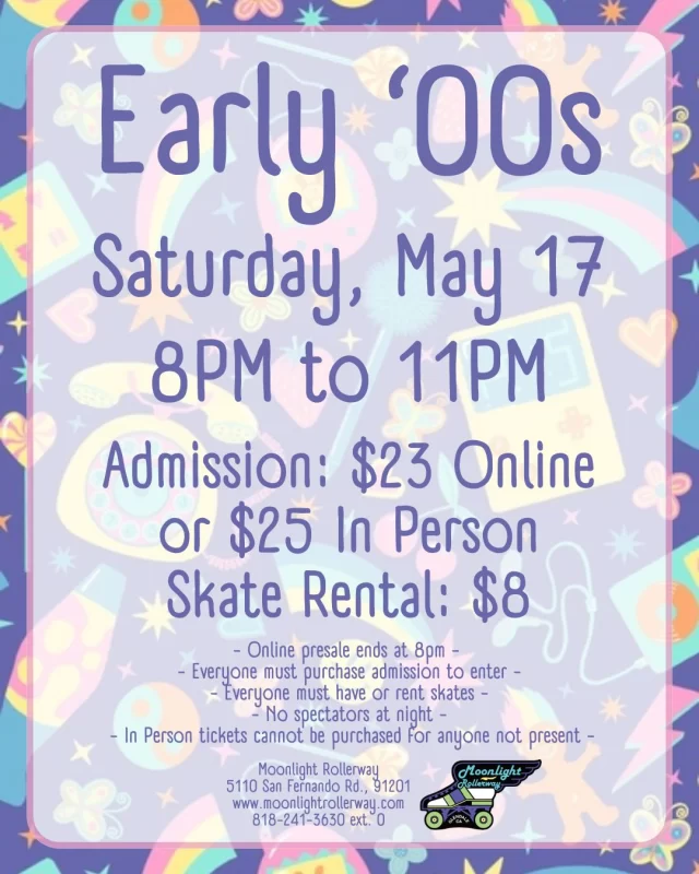 🛼💿 Early 2000s Skate Night! 🎶✨ 

Flip phones out, low-rise jeans on, and let’s roll back to the era of Myspace, mixtapes, and the hottest pop, and R&B anthems! From chart-topping bangers to emo jams that still hit deep, we’re bringing back the sounds that defined the early 2000s. Whether you were all about crunk beats, pop princesses, or punk-rock heartbreak, this night is your chance to relive the magic—on wheels! So grab your crew, lace up, and let’s skate like it’s 2002. 🚀🔥🎤