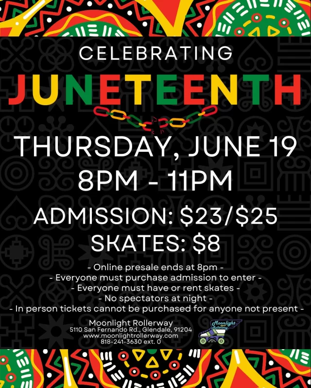🖤❤️💛💚 Juneteenth Skate Night – Roll for Freedom 💚💛❤️🖤
Celebrate freedom, resilience, and Black excellence with us at Juneteenth Skate Night! We're rolling through history with joy, unity, and a soundtrack that honors the culture—old-school classics, soulful grooves, and modern beats that keep the wheels moving.

Come skate, celebrate, and uplift the spirit of liberation and community. ✊🏾✨
All are welcome—bring your energy, your moves, and your love for the culture!

Wear red, black, green, and gold to represent! 🛼🎶🌟 #togetherweroll #rollerskatinglife #whyisk8 #whyiskate #rollerskating #rollerskates #rollerskate #rollerskatingislife #Juneteenth #juneteenth #juneteenthcelebration✊🏿❤️🖤💚