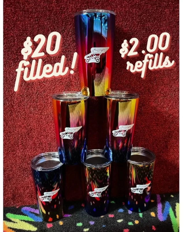 Stay hydrated with a Moonlight Logo cup for reduced priced sodas free water refills every time you skate!