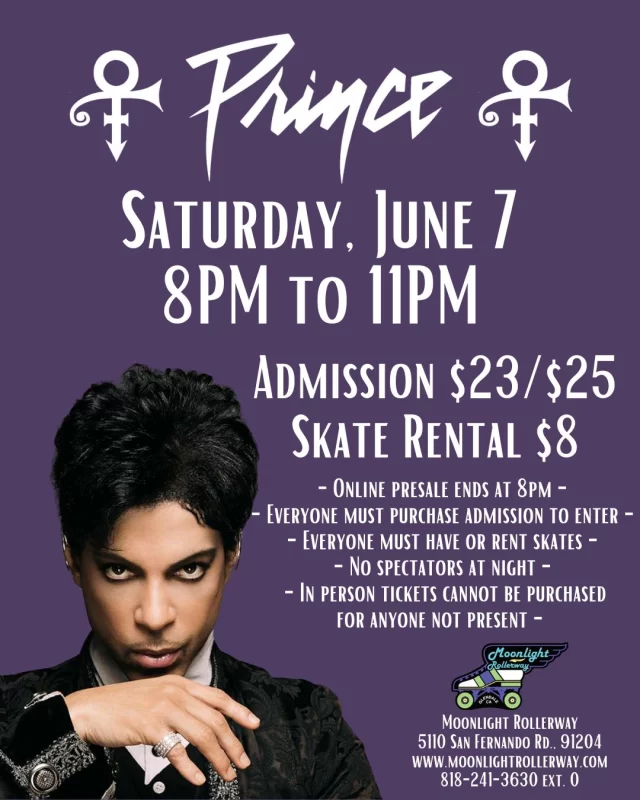 🎶💜 Prince Skate Night – Let’s Go Crazy!💜🎶 
Put on your finest purple threads and join us for a funky, fabulous night on wheels as we celebrate the one and only Prince! From “Kiss” to “Purple Rain,” we’ll be skating to all the iconic hits, so get ready to dance, glide, and party like it’s 1999. Whether you're a die-hard fan or just love a good groove, this is a night you won’t want to miss! 👑🛼✨ 
Dress code: Purple, sparkles, and Prince-inspired glam encouraged!  #togetherweroll #rollerskatinglife #whyisk8 #whyiskate #rollerskating #rollerskates #rollerskate #rollerskatingislife