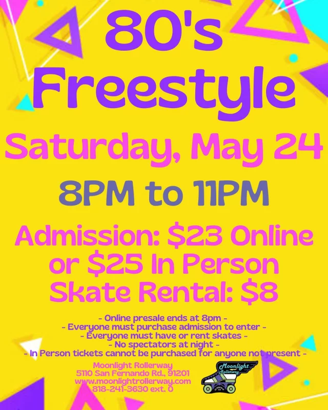🛼🎶 80’s Freestyle Skate Night! 🔥✨ 

Lace up and let the beat take control—it's time to roll to the electrifying sounds of ‘80s freestyle! From high-energy synths to Latin-inspired rhythms, we’re spinning the ultimate freestyle anthems that kept the dance floors (and rinks) moving. Get ready to glide, spin, and groove to iconic tracks from artists like Lisa Lisa, Stevie B, and Exposé. Whether you're a freestyle fanatic or just feeling the retro vibes, this night is all about big beats, smooth moves, and pure Miami bass magic. Let’s skate and play that perfect beat! 🎧💃🔥