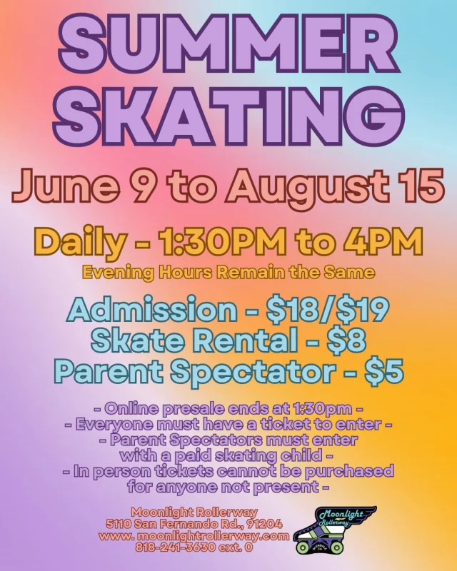 ☀️🛼 Summer Skating Hours Are Here! 🛼☀️
The days are longer and the vibes are brighter—so we’re rolling out special summer skating hours just for you! Come beat the heat, soak up the good energy, and keep your wheels spinning all season long. Whether you're a morning cruiser or a sunset skater, there’s a time for everyone to roll. 🌈🎶

Check our schedule and mark your calendars—summer just got a whole lot smoother! 😎🧊🍉 #togetherweroll #rollerskatinglife #whyisk8 #whyiskate #rollerskating #rollerskates #rollerskate #rollerskatingislife
