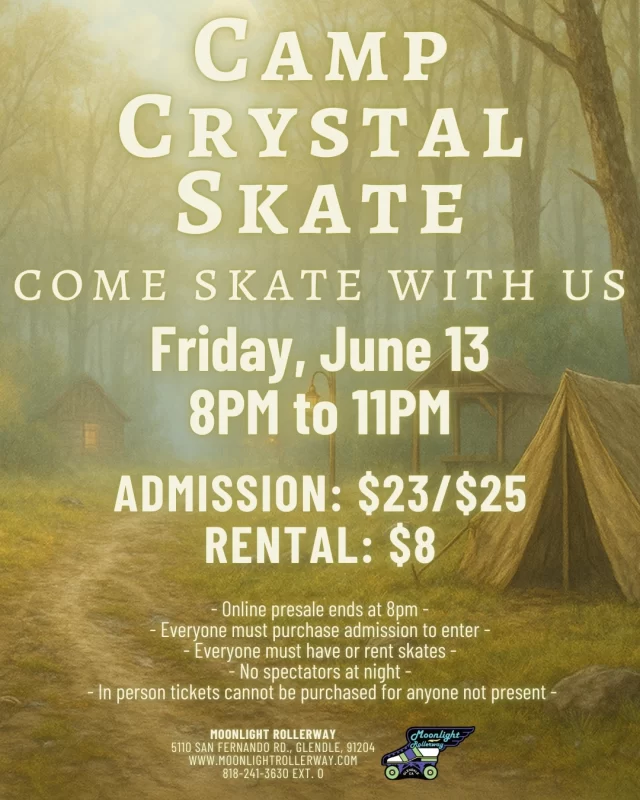 🌲🔪 Camp Crystal Skate 🛼😱

We’ve had to change the name, but don’t worry—the vibe is still the same! The moon is full, the woods are dark, and something is lurking on the rink… Do you dare to skate into the night? Join us for a bone-chilling evening of horror, haunts, and heart-pounding thrills as we turn the rink into a slasher sleepaway nightmare. Fog creeps, eerie lights flicker, and the soundtrack? Only the most spine-tingling beats to keep you rolling… if you make it out. Dress to distress and beware—camp counselors have been disappearing, and the killer may be closer than you think.

Will you survive the night? 🪓🩸👀

 #togetherweroll #rollerskatinglife #whyisk8 #whyiskate #rollerskating #rollerskates #rollerskate #rollerskatingislife #campcrystal #campcrystalake #campcrystallake🔪 #campcrystallake #fridaythe13th #fridaythe13th