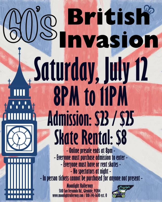 🛼 Skate Like It’s the Sixties! 🛼
Get ready for a British Invasion on Wheels—we're cranking up the Beatles, the Stones, The Who, and all your favorite 60s UK rock legends for one groovy skate night!

🕺 Mod vibes, swinging tunes, and retro style encouraged!
 #togetherweroll #rollerskatinglife #whyisk8 #whyiskate #rollerskating #rollerskates #rollerskate #rollerskatingislife