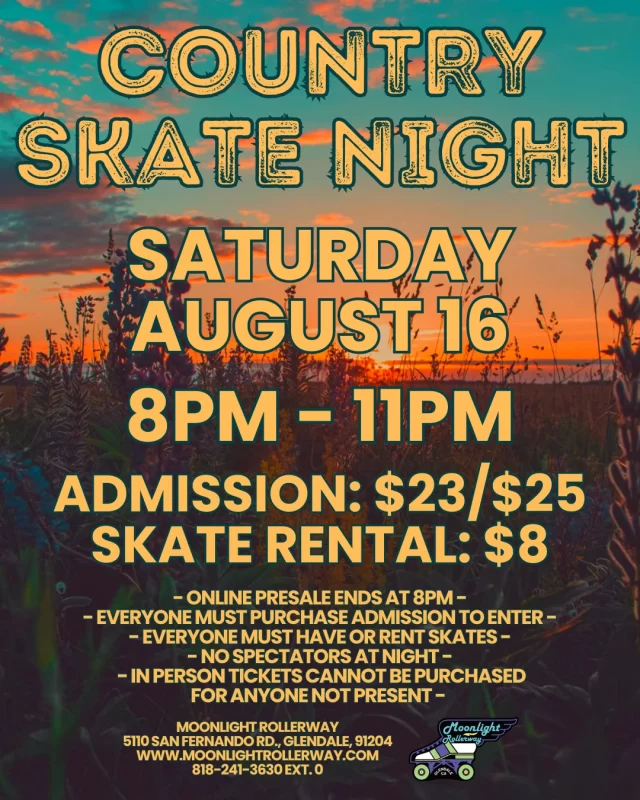 🤠🛼 Country Music Skate Night 🎶🌾
Dust off your boots and roll on down to the rink for a night of country hits and smooth skating! From Shania to Garth, Dolly to Luke Combs—we’re spinning all your country favorites, classic and new.
Whether you're a honky-tonk hero or just here for the twang and vibes, it’s time to boot scoot and boogie on wheels!
Western wear encouraged but not required—just bring your country spirit and let’s ride! 🤠🎵🛼