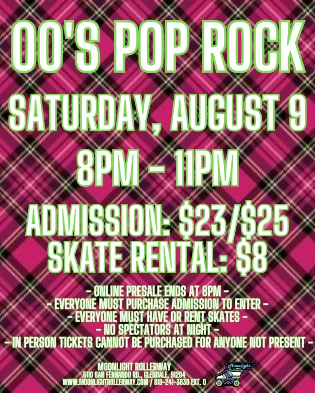 💿✨Y2K Pop Rock Skate Night🎸🛼
Break out the low-rise jeans, trucker hats, and your best angst-filled eyeliner—it’s time to throw it all the way back to the early 2000s!

Skate to the sounds of Avril, Paramore, Pink, Good Charlotte, Kelly Clarkson, and more—those iconic pop rock hits that raised us and wrecked us (in the best way). 💔🔥

🎸Bring the drama, the attitude, and your Y2K fits. Let’s roll like it’s 2004.