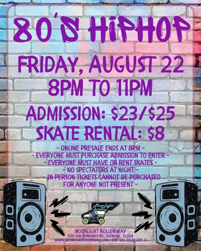 🎤🛼 80s Hip-Hop Skate Night 🕶️🎶
Get ready to throw it back to the golden era of hip-hop—when the beats were booming, the rhymes were raw, and the style was fly. We’re spinning classic tracks from Run-DMC, Salt-N-Pepa, LL Cool J, Eric B. & Rakim, Public Enemy, and more.

⚠️ Heads up: Many of these original 80s tracks include explicit language. There’s no age restriction, but families should use their discretion when bringing younger skaters.

Dress fresh, bring your moves, and let’s get down old school! 🎧✌🏾👟