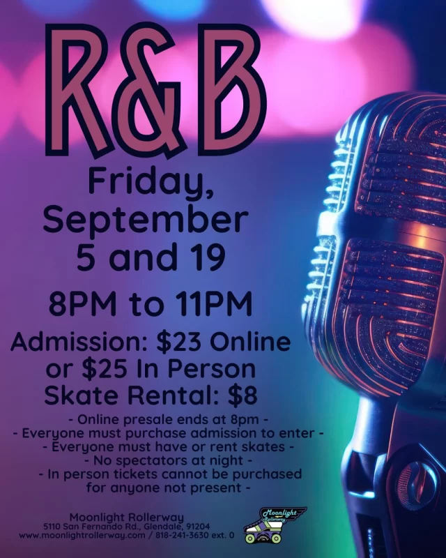 Old School R&B Roller Skate Night! 🎶✨ Dust off your skates and get ready to roll to the smoothest beats from the ‘80s and ‘90s. From Marvin Gaye to Mary J. Blige, we’ll be skating through the night with classic R&B hits that will take you back in time!

Whether you're a beginner or a pro, this is the perfect chance to groove, socialize, and enjoy some nostalgic tunes. So grab your friends, lace up your skates, and let's make it a night to remember!
 #togetherweroll #rollerskatinglife #whyisk8 #whyiskate #rollerskating #rollerskates #rollerskate #rollerskatingislife
