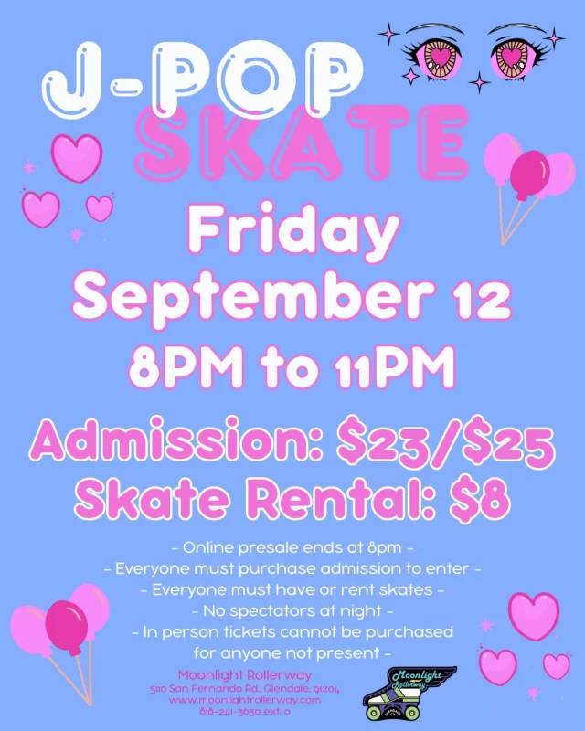 🎌✨ Lace up and roll into the colorful world of J-Pop Skate Night! 🎶 From catchy idol anthems to high-energy anime themes, we’re bringing the best of Japanese pop music to the rink. Come vibe, skate, and dance the night away in true Harajuku style! 🛼🎤🌸
 #togetherweroll #rollerskatinglife #whyisk8 #whyiskate #rollerskating #rollerskates #rollerskate #rollerskatingislife #jpop #jpopidol #jpopsong #JPopStyle