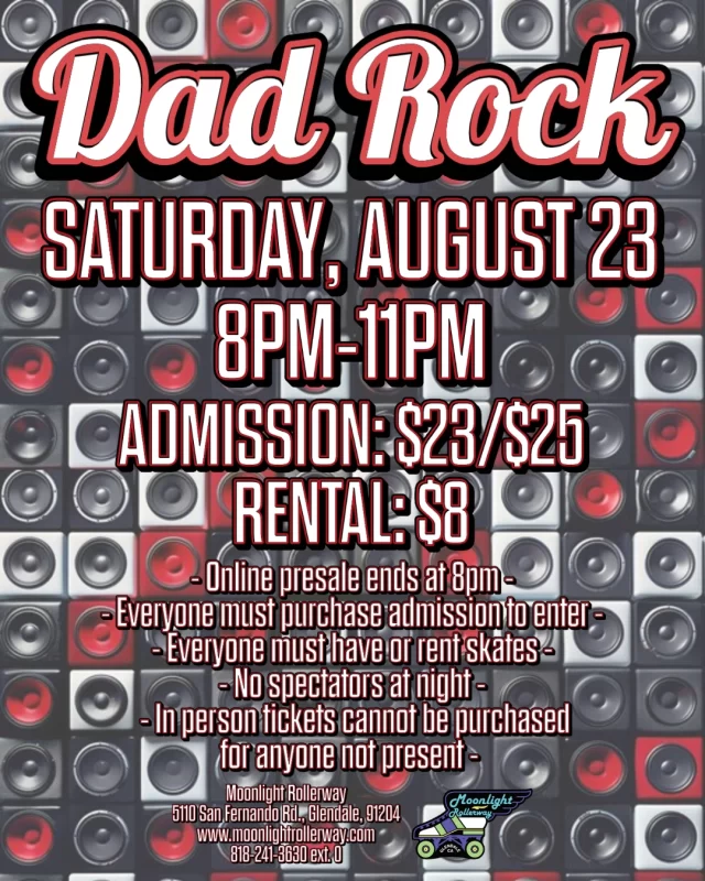 Crank up the air guitar and get ready to roll to the ultimate dad-approved soundtrack! We’re talking classic rock anthems, 80s power ballads, and stadium-shaking riffs from legends like Journey, Tom Petty, Queen, The Eagles, Bon Jovi, and more.  Whether you’re a dad, know a dad, or just vibe with the jams—this night’s for you. No lawn needs mowing, just skates and rock & roll.
 #togetherweroll #rollerskatinglife #whyisk8 #whyiskate #rollerskating #rollerskates #rollerskate #rollerskatingislife