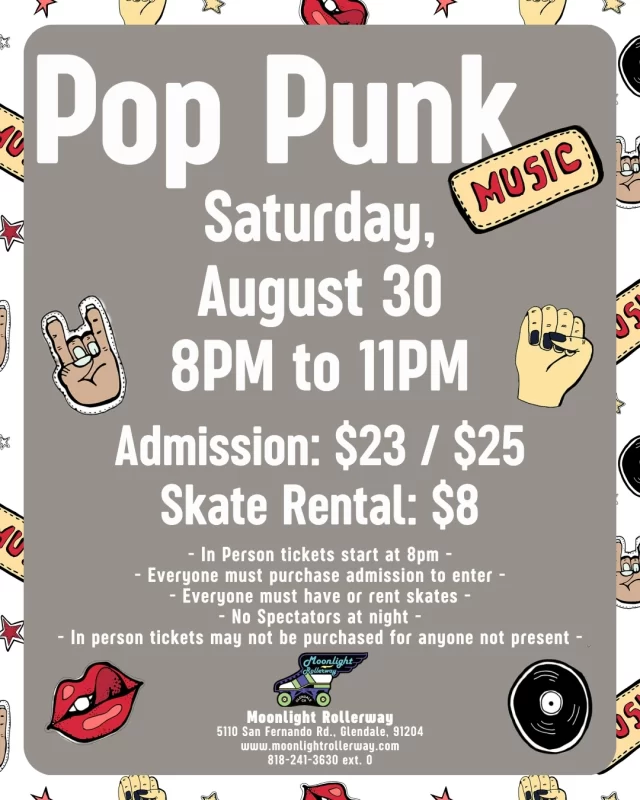 It’s not a phase—it’s a skate night! Come scream-sing your heart out and roll to the sounds of blink-182, Paramore, Fall Out Boy, Green Day, Avril, and all your favorite Warped Tour-era anthems.  Whether you’re still rocking your studded belt or just miss your MySpace days, this night’s for the heartbreakers, headbangers, and eyeliner wearers of every generation. #togetherweroll #rollerskatinglife #whyisk8 #whyiskate #rollerskating #rollerskates #rollerskate #rollerskatingislife