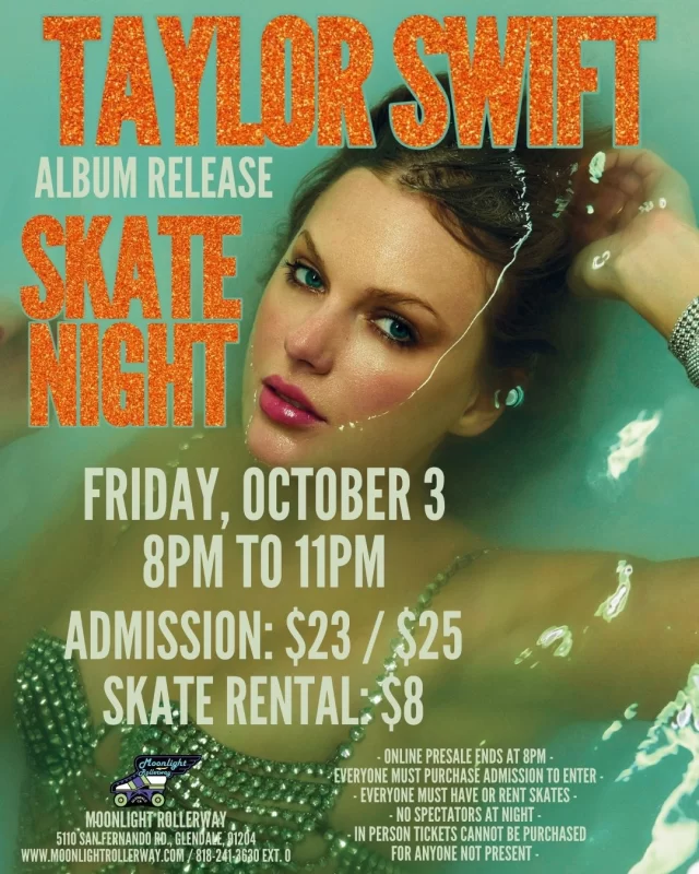 ✨ Life of a Skater Girl Skate Night ✨
Inspired by Taylor Swift’s brand-new album The Life of a Showgirl 🎤💖, we’re bringing the glitz, the glam, and ALL the Swift vibes to the rink! Lace up and skate your heart out as we play nothing but Taylor’s hits all night long — from her latest show-stopping tracks to your favorite classics. 🎶✨
Dress in your best sparkles, fringe, or “Taylor Era” outfit — and get ready to live your best Skater Girl life! 🛼🌟🎀
 #togetherweroll #rollerskatinglife #whyisk8 #whyiskate #rollerskating #rollerskate #rollerskates #rollerskatingislife #swiftie #SwiftieStyle #TS12 #ts12