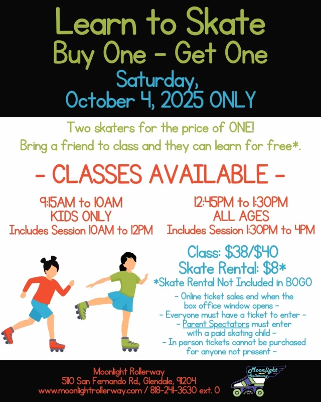 ✨ National Learn to Skate Day – Saturday, October 4, 2025 ✨
Celebrate National Learn to Skate Day with us! Bring a friend who’s new to skating and take advantage of our BOGO deal—buy your admission and your friend skates for FREE! It’s the perfect time to introduce someone you love to the joy of roller skating. Don’t miss this chance to roll, learn, and laugh together. #togetherweroll #rollerskatinglife #whyisk8 #whyiskate #rollerskating #rollerskates #rollerskate #rollerskatingislife #nrsm