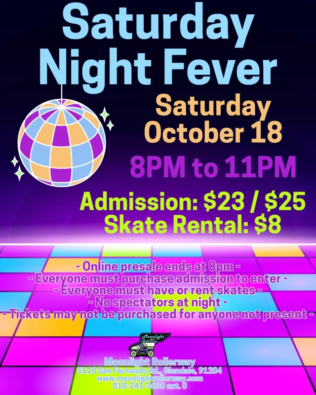 🪩✨ Saturday Night Fever Skate Night ✨🪩

It’s time to bring back the disco! 🎶 Glide under the mirror ball and relive the magic of the ’70s at our Saturday Night Fever Skate Night. We’ll be spinning all the disco classics that made you want to strut, groove, and skate the night away.

Pull out your bell bottoms, sequins, and platform shoes (skate-friendly, of course!) and get ready for a night full of funky beats, dazzling lights, and disco fever on wheels. 🕺💃 #togetherweroll #rollerskatinglife #whyisk8 #whyiskate #rollerskating #rollerskates #rollerskate #rollerskatingislife