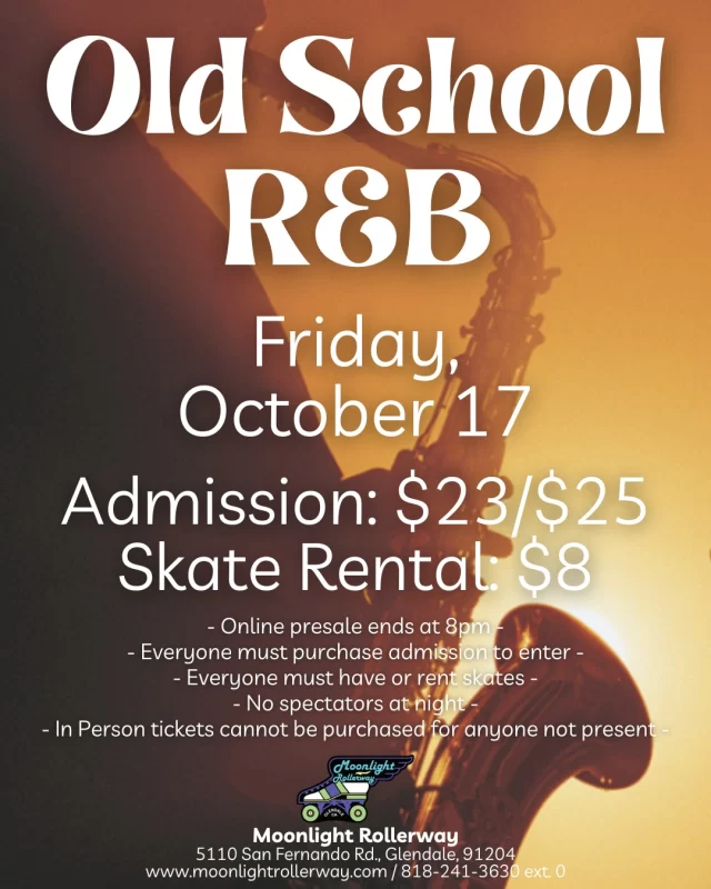Old School R&B Roller Skate Night! 🎶✨ Dust off your skates and get ready to roll to the smoothest beats from the ‘80s and ‘90s. From Marvin Gaye to Mary J. Blige, we’ll be skating through the night with classic R&B hits that will take you back in time!

Whether you're a beginner or a pro, this is the perfect chance to groove, socialize, and enjoy some nostalgic tunes. So grab your friends, lace up your skates, and let's make it a night to remember! #togetherweroll #rollerskatinglife #whyisk8 #whyiskate #rollerskating #rollerskates #rollerskate #rollerskatingislife