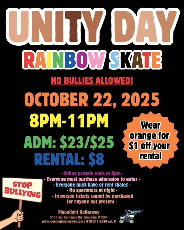 🛼✨ **Unity Skate Night!** ✨🛼
Roll with us for an evening of music, movement, and togetherness. 👫🏽🤝🏾👬🏼
Celebrate community, inclusion, and the joy of skating under the lights! 🌈🎶

🧡 Wear orange and get $1 off your skate rental! 🧡

Let’s glide side-by-side and show that we’re stronger—and more fun—when we roll as one. 💜🛼💛

#UnitySkate #RollTogether #MoonlightRollerway #CommunityVibes #InclusiveFun  #togetherweroll #rollerskatinglife #whyisk8 #whyiskate #rollerskating #rollerskates #rollerskate #rollerskatingislife