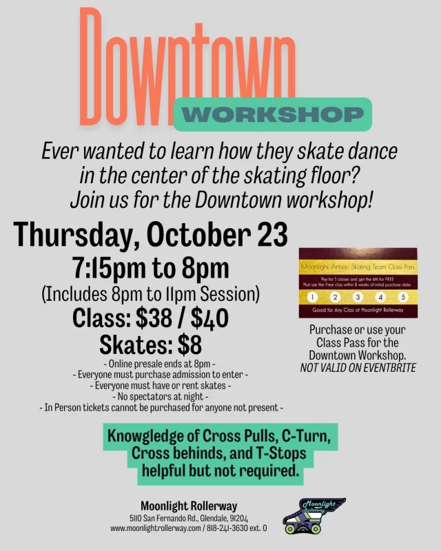 ✨ Learn the "Downtown" on Skates! ✨
Ready to take your skating to the next level? Join us for a fun workshop where we break down the moves of the classic Downtown skate dance step-by-step. Whether you’re brand new to the routine or want to polish your style, our instructors will guide you through the footwork, rhythm, and flow so you can hit the floor with confidence. Perfect for all levels—come skate, learn, and groove with us! 🛼🎶