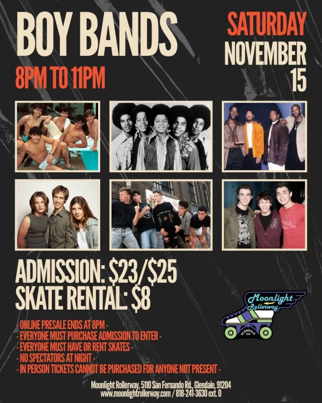 Get ready to roll with the boys! 🎤🛼
We’re spinning the best of every era — from The Jackson Five to BTS, NSYNC to One Direction — all your favorite boy band hits in one epic skate night.💫🛼✨

🎶 Sing loud, skate proud, and bring your friends for the ultimate pop throwback-meets-today vibe!

#BoyBandSkate #RollerVibes #SkateNightFun #PopHitsOnWheels #togetherweroll #rollerskatinglife #whyisk8 #whyiskate #rollerskating #rollerskates #rollerskate #rollerskatingislife