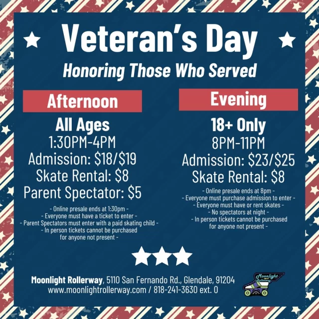 Roll into the long weekend with us! 🇺🇸✨
Spend your Veterans Day gliding, laughing, and making memories on wheels. Whether you’ve got the day off or just need a good vibe, our daytime skate session is the perfect way to celebrate community and connection. #togetherweroll #rollerskatinglife #whyisk8 #whyiskate #rollerskating #rollerskates #rollerskate #rollerskatingislife