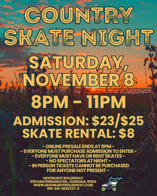 🎶Howdy, skaters!🎶
Mark your calendars for a rootin’ tootin’ good time at Country Music Skate Night 

Get ready to lace up your skates and glide to your favorite country hits. Whether you’re a line-dancing pro or just want to roll along to the music, this is the night for you!

Dust off your cowboy hats, bring your best moves, and join us for an unforgettable night of country fun on wheels!

Yeehaw! See y’all there! #togetherweroll #rollerskatinglife #whyisk8 #whyiskate #rollerskating #rollerskates #rollerskate #rollerskatingislife