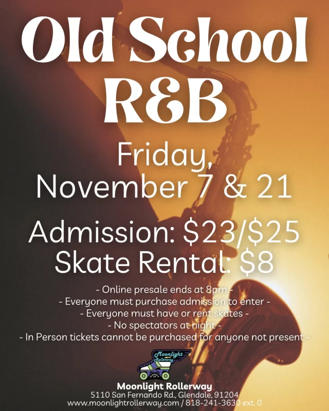 We’ve got something special for you – Old School R&B Roller Skate Night! 🎶✨ Dust off your skates and get ready to roll to the smoothest beats from the ‘80s and ‘90s. From Marvin Gaye to Mary J. Blige, we’ll be skating through the night with classic R&B hits that will take you back in time!

Whether you're a beginner or a pro, this is the perfect chance to groove, socialize, and enjoy some nostalgic tunes. So grab your friends, lace up your skates, and let's make it a night to remember! #togetherweroll #rollerskatinglife #whyisk8 #whyiskate #rollerskating #rollerskates #rollerskate #rollerskatingislife
