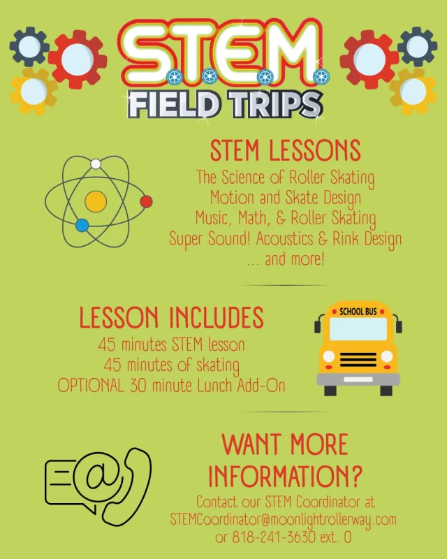 🌟 Happy National STEM Day! 🔬🧪⚙️🛼

We’re rolling into the world of science, technology, engineering, and math—on skates! 🧠✨ Our STEM Field Trips combine hands-on learning with the fun and movement of roller skating. Students explore real-world physics, motion, and energy while having a blast on wheels!

📚 Perfect for schools, camps, and youth groups
🛼 Interactive lessons + skating time
📍 Learn more and book your visit at moonlightrollerway.com/stem-field-trips

#NationalSTEMDay #STEMeducation #FieldTripFun #RollerSkating #STEMLearning #HandsOnLearning #MoonlightRollerway #togetherweroll #rollerskatinglife #whyisk8 #whyiskate #rollerskating #rollerskates #rollerskate #rollerskatingislife