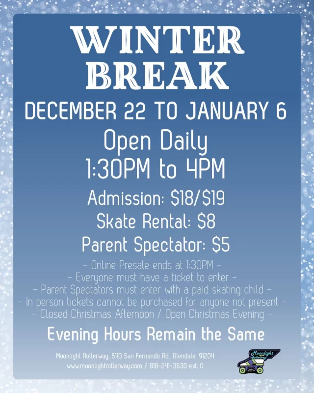 ❄️🛼 Winter Break Skate is here! 🛼❄️
Take a break from the holiday chaos and glide with us from December 22 – January 6! 🎉✨
Bring your friends, family, and all your skating energy for fun, music, and good vibes 💃🏽🕺🏻🌈
Open every day — come roll into the holidays with us! 🌟🛼
 #togetherweroll #rollerskatinglife #whyisk8 #whyiskate #rollerskating #rollerskates #rollerskate #rollerskatingislife #WinterBreak #winterbreak #winterbreak❄️ #winterbreakfun
