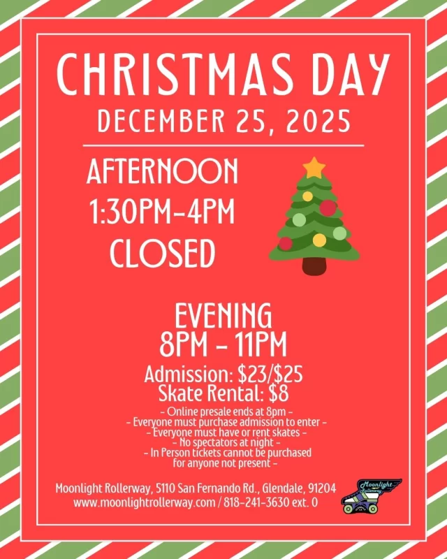 🎄🛼 Christmas Night Skate! 🛼🎄
Celebrate the holidays on December 25th with music, lights, and skating under the Christmas glow ✨🎶

Bring your friends, family, and holiday cheer — glide to festive jams and make this Christmas night extra magical 💃🏾🕺🏻🌟
Don’t forget your holiday sweaters and sparkle! 🌈🛼
 #togetherweroll #rollerskatinglife #whyisk8 #whyiskate #rollerskating #rollerskates #rollerskate #rollerskatingislife