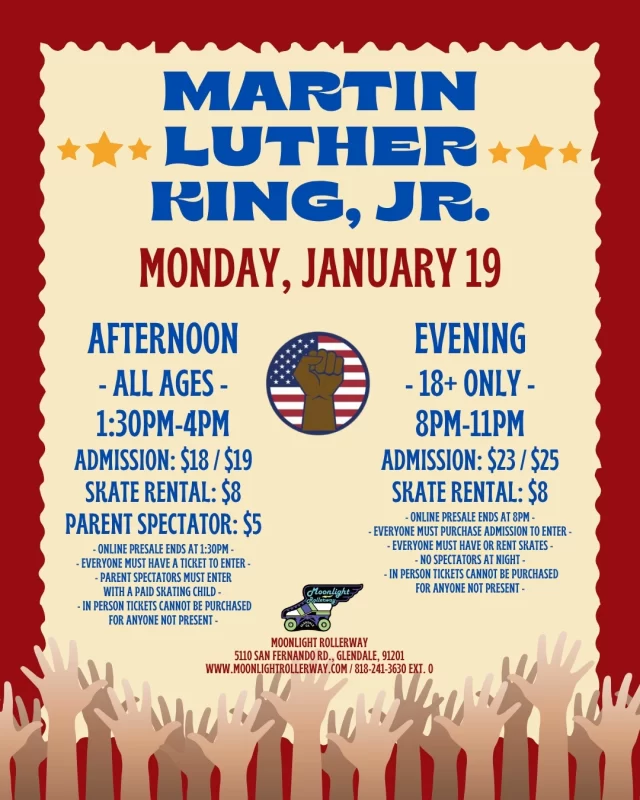 🌟 MLK Day Skate Alert! 🛼
Join us this MLK Day for an afternoon of fun on wheels! Celebrate the legacy of Dr. King while skating with friends and family.
Bring your skates, good vibes, and let’s roll into a day of unity and joy. All ages and skill levels welcome!
🎶 Great music | 🥤 Refreshments | 👫🏽👫🏿👫🏼 Community vibes
Tag your skate crew and spread the word! ✨

#MLKDaySkate #RollWithUs #CommunityOnWheels #RollerSkatingFun #rollerskatinglife #rollerskating