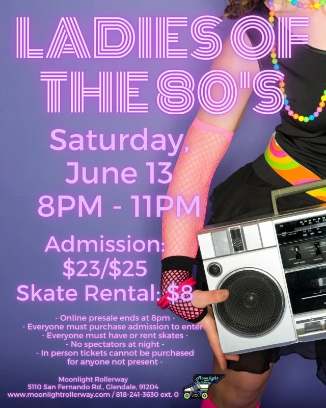 💃✨ LADIES OF THE 80’s SKATE NIGHT ✨💃

We’re turning back the clock and rolling to the queens who ran the 80’s 👑🎶
From Whitney to Madonna, Janet to Tina — it’s nonstop hits and iconic vibes all night long 🔥🛼
Big hair, bold looks, and legendary energy only 💅✨
Grab your crew, dress the part, and let’s skate like it’s the 80’s 💃🏽🎧
This ain’t just a vibe… it’s a THROWBACK EXPERIENCE.
#LadiesOfThe80s #80sVibesOnly #SkateNight #RollerRinkEnergy 💃🛼🎶