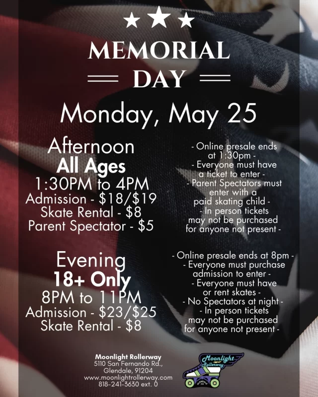 🛼 MEMORIAL DAY AFTERNOON SKATE 🛼
Kick back, roll smooth, and vibe with us this Memorial Day ☀️🎶
Good music, chill energy, and plenty of space to skate your way through the afternoon 😎🛼
Bring the crew, bring the family, and enjoy the holiday on wheels 🇺🇸✨
Laid-back vibes. Clean skating. All love.
#MemorialDaySkate #HolidayVibes #RollerRinkLife #SkateAllDay 🇺🇸🛼☀️