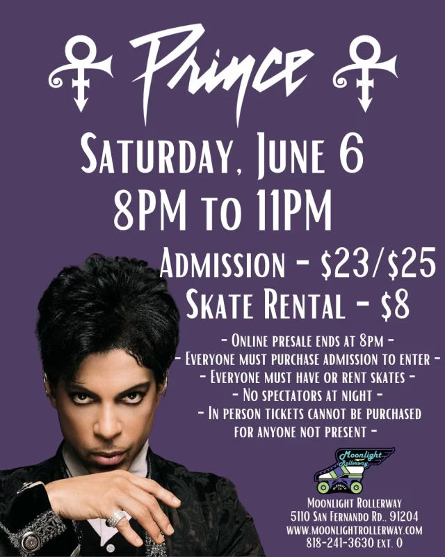 💜✨ 10th Annual PRINCE SKATE NIGHT ✨💜
Dearly beloved… we are gathered here to celebrate the music, the magic, and the legend 🕺🏽💫
Lace up and roll to the sounds of Prince all night long — from slow jams to funk anthems 🎶🔥
Purple vibes only. Dress to impress. Bring the energy. 💜🛼
This isn’t just a skate… it’s a whole EXPERIENCE.
#PrinceSkateNight #PurpleRainVibes #SkateLife #FunkOnWheels 💜🛼🎧