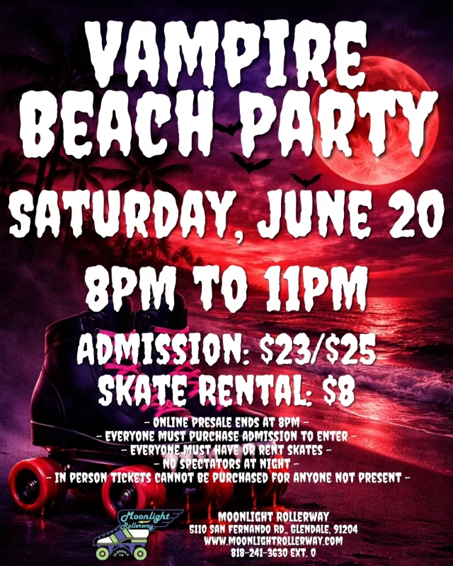 🖤🩸 VAMPIRE BEACH PARTY SKATE NIGHT 🩸🖤
Sunset fades… the darkness rolls in 🌙🌊
It’s a beach party with a bite 🧛🏽‍♀️🔥
Goth and industrial beats take over the floor — dark vibes, heavy energy, all night long 🎶⚡
Think fishnets in the sand, black fits by the waves, and fangs under neon lights 🖤🏖️
Dress spooky. Dress summery. Dress to SLAY.
This ain’t your average beach party… it’s a DARK WAVE EXPERIENCE.
#VampireBeachParty #GothSkateNight #IndustrialVibes #DarkWaveEnergy 🖤🛼🌊