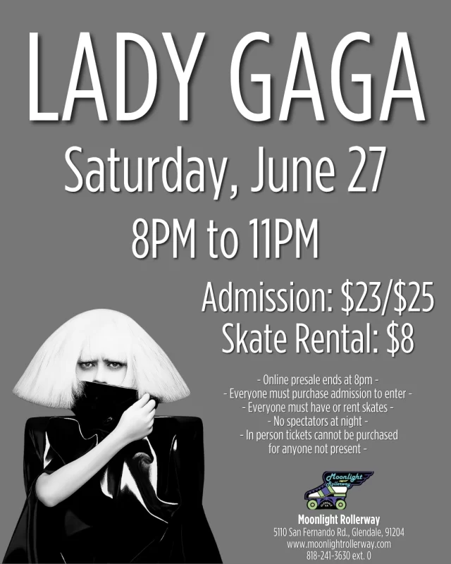🖤✨ LADY GAGA SKATE NIGHT ✨🖤
Little Monsters… it’s your time to roll 🐾💅
We’re skating to the anthems that changed pop forever — from *Just Dance* to *Bad Romance* to *Chromatica* 🔥🎶
High energy, bold looks, and pure Gaga chaos all night long ⚡🛼
Serve looks. Be iconic. Don’t hold back.
This isn’t just a skate… it’s a POP PERFORMANCE ON WHEELS.
#LadyGagaNight #LittleMonsters #SkateVibes #BornThisWay 🖤🛼🎧