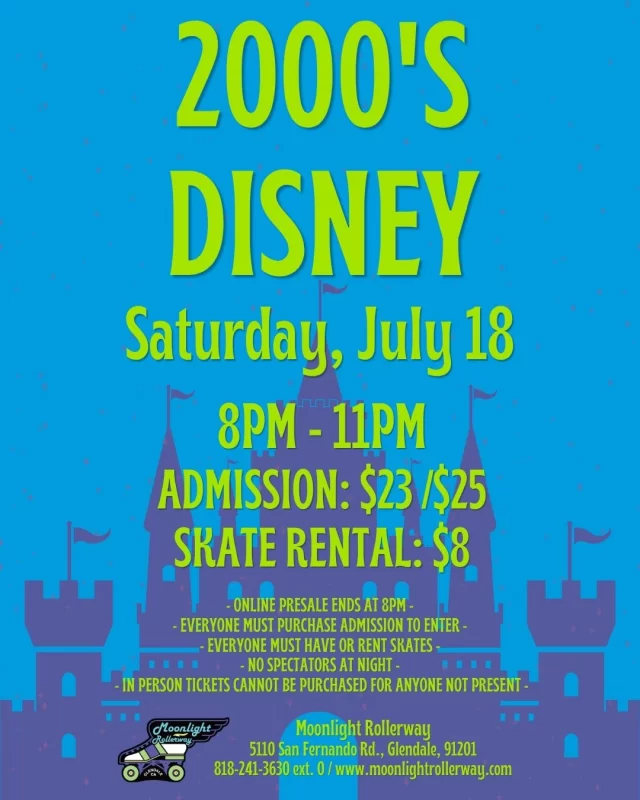 🛼 Step into the golden age of Disney Channel and relive the soundtrack of the 2000s! From Hannah Montana and High School Musical to Hilary Duff, The Cheetah Girls, Camp Rock, and more, we'll be spinning the songs that defined a generation.

Whether you grew up watching after school or you're discovering these classics for the first time, grab your friends, lace up your skates, and get ready for a night filled with nostalgia, sing-alongs, and nonstop fun on the skating floor.

We're all in this together... see you on the rink! ✨🛼💜